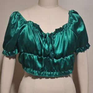 SHEIN Green Satin Puff Sleeve Crop Blouse